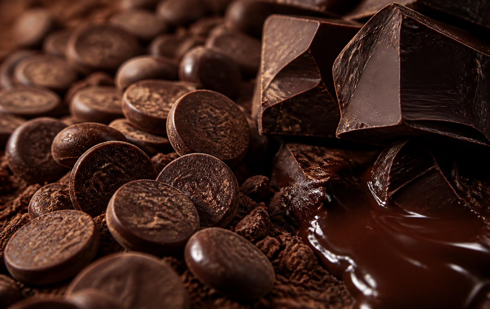 Macro shot of Belgian chocolate callets, shards and a melted chocolate pool