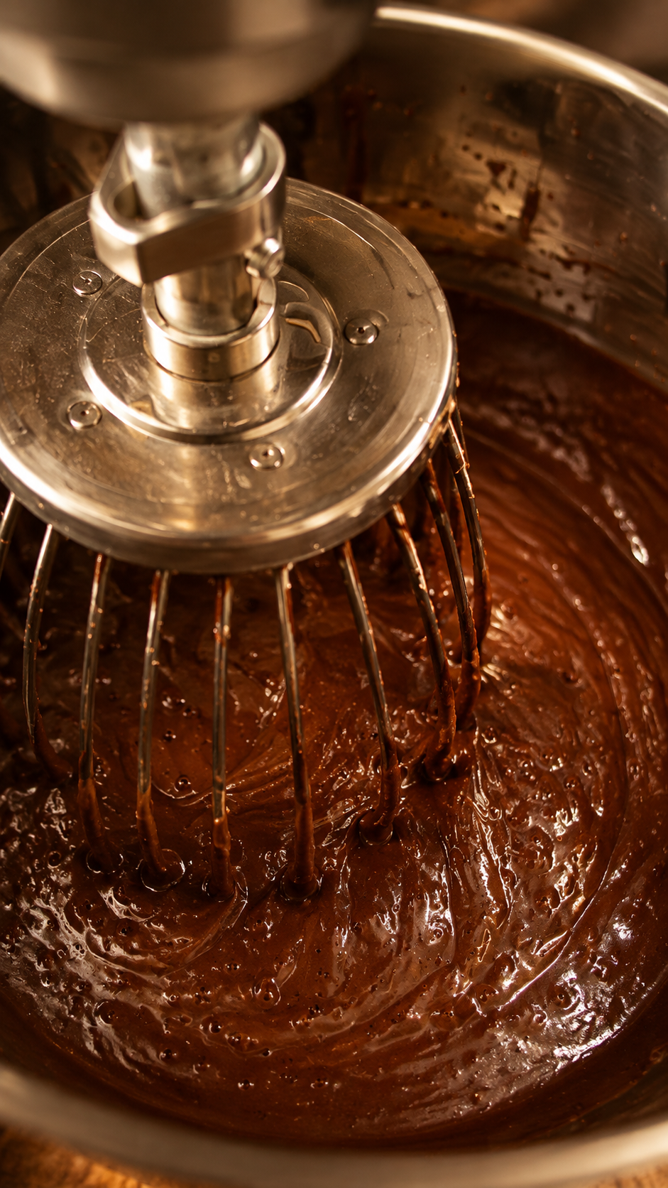Chocolate brownie batter being mixed by hand in a professional kitchen