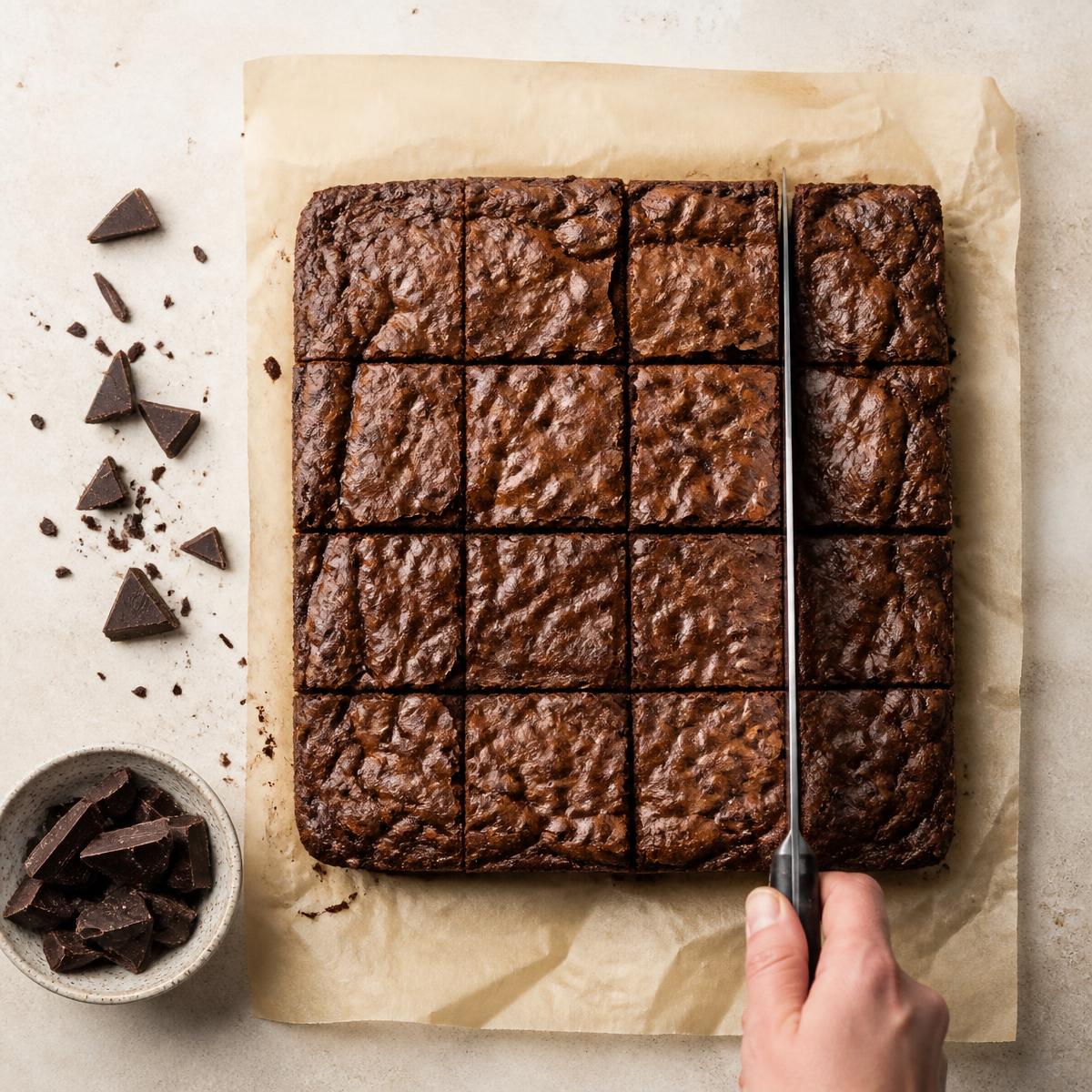 A brownie slab being sliced into squares