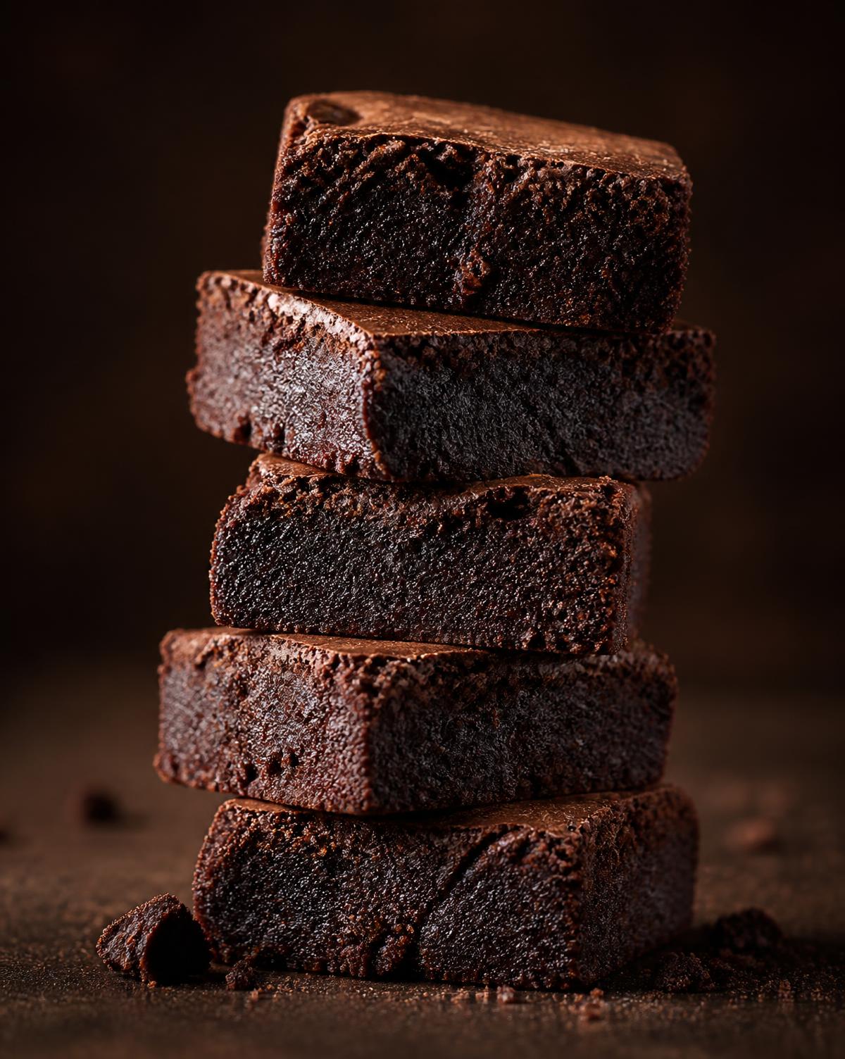 A tall stack of thick fudgy brownies