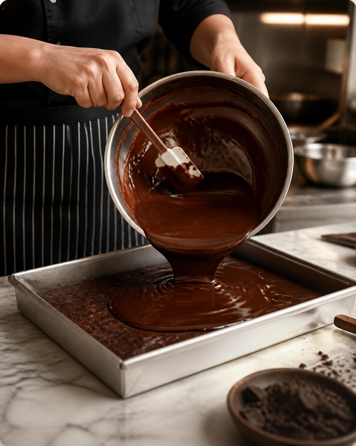 Melted Belgian chocolate poured into a brownie tray in a professional kitchen