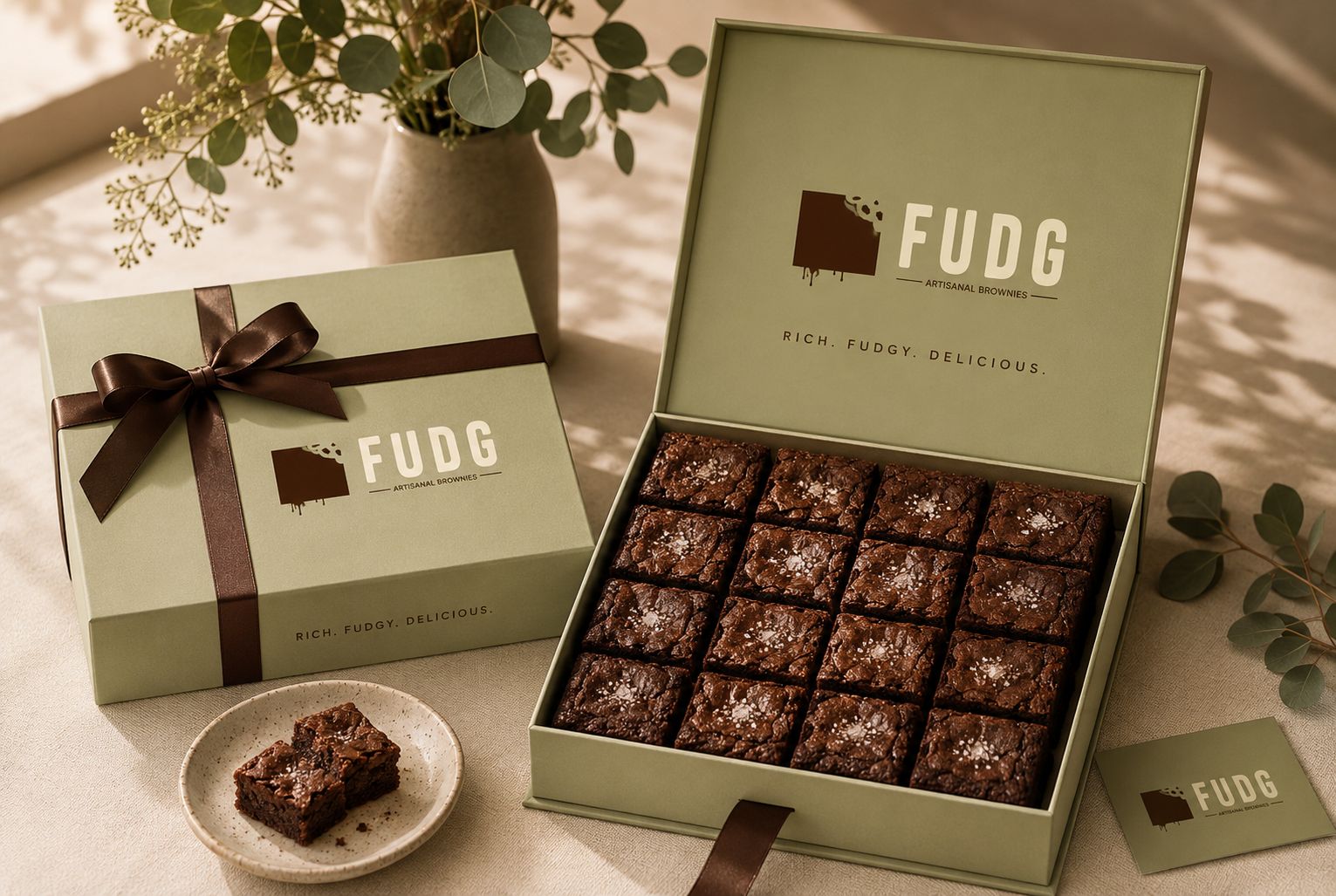 An elegant gift box of FUDG brownies set on a celebration table