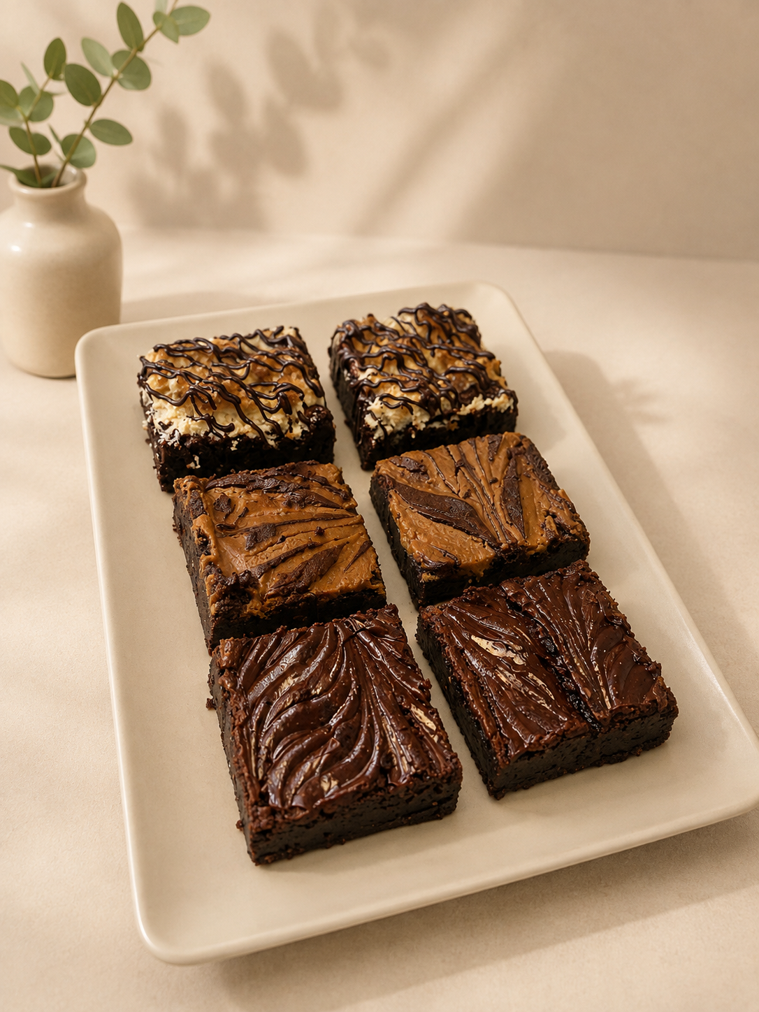 Brownie bites on an olive surface